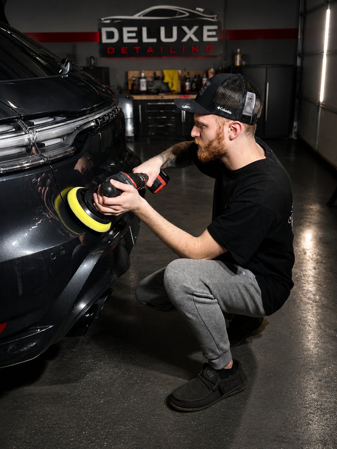 Detailer polishing black car with yellow polishing pad in professional garage workshop